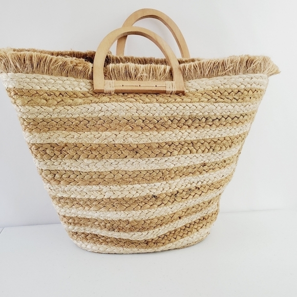 Antik Kraft Striped Jute Tote Ivory Large Beach Coastal Wood Handle Bag NEW - Picture 3 of 14